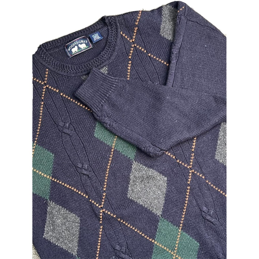VTG 90s Woods & Gray Mens Navy Green Gray Cotton Blend Knit Pullover Sweater L